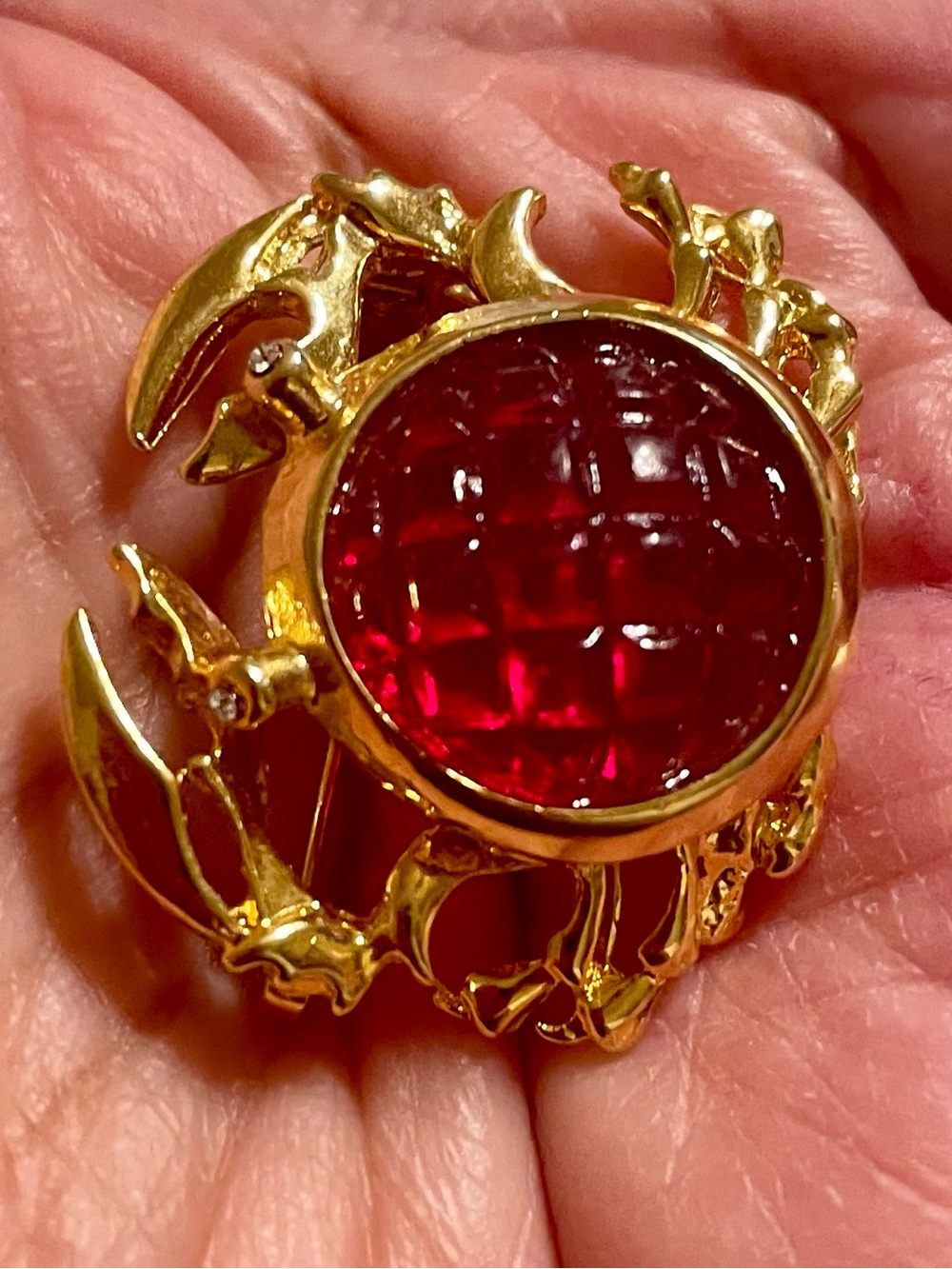 Gold Crab Pin with Deep Red Glass Cabochon - Women's Jewelry